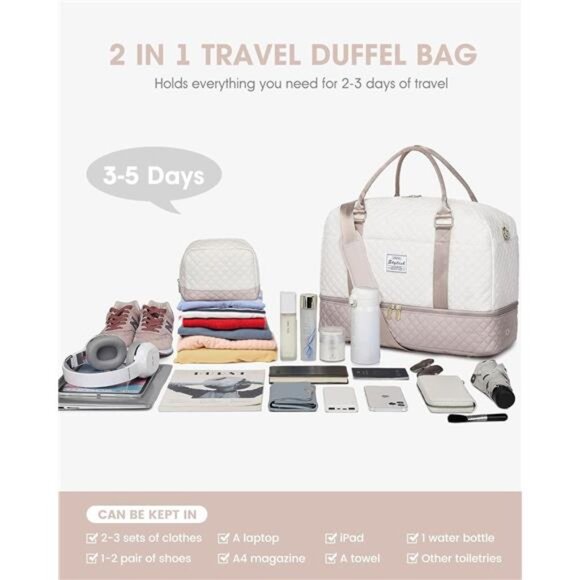 Beige travel duffle bag women weekender overnight tote carry on bag with shoes - Picture 3 of 7